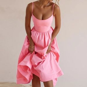 MINIMALIST SOLID COLOR SPAGHETTI STRAP PLEATED FIT AND FLARE MIDI SUNDRESS